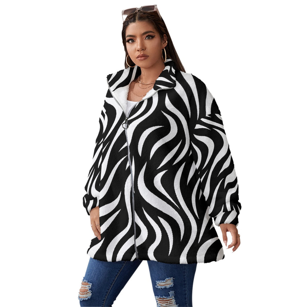 All-Over Print Unisex Borg Fleece Stand-up Collar Coat With Zipper Closure(Plus Size)