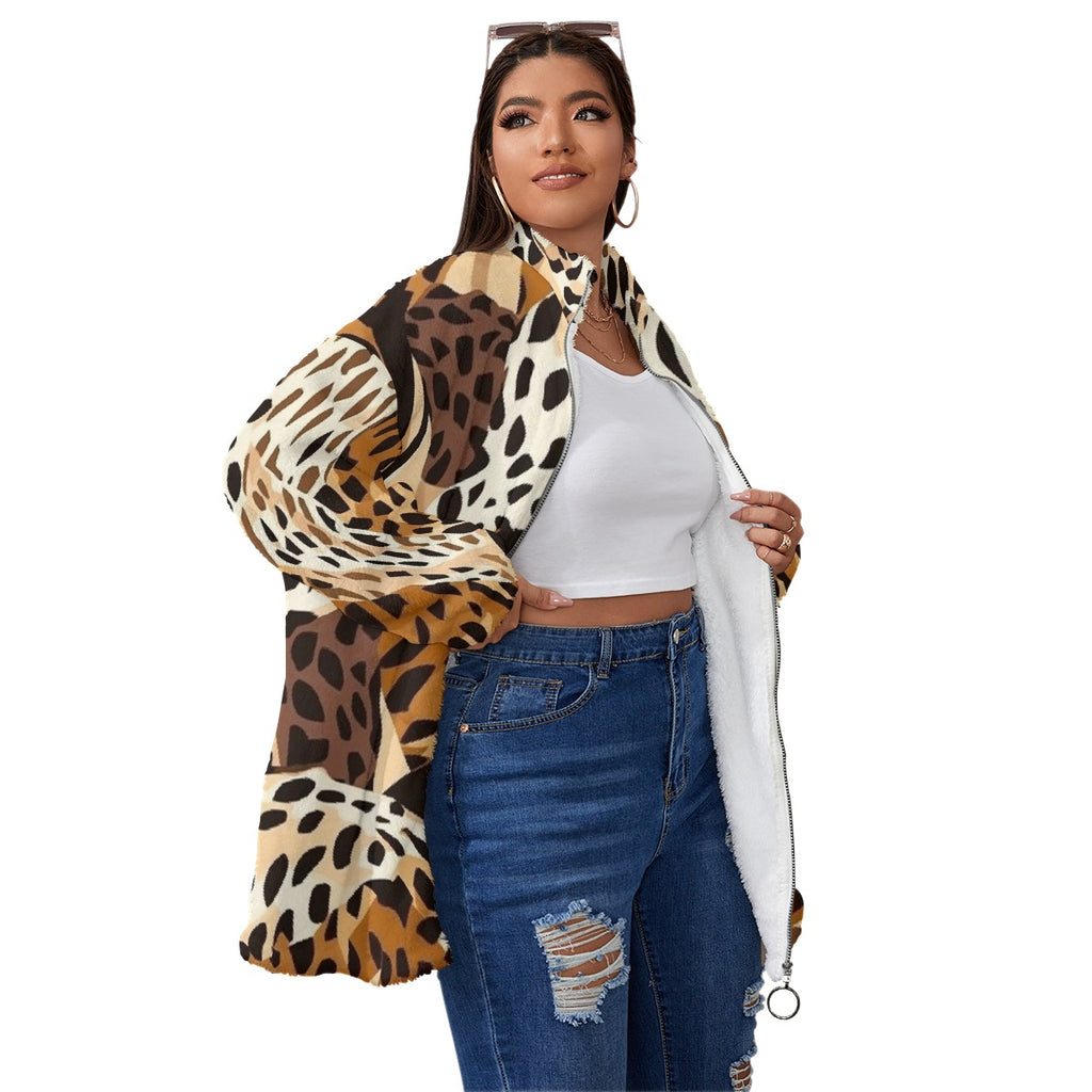All-Over Print Unisex Borg Fleece Stand-up Collar Coat With Zipper Closure(Plus Size)
