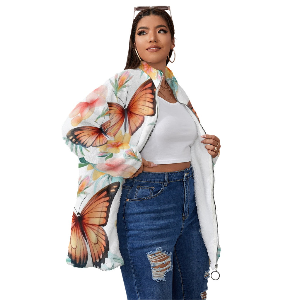 All-Over Print Unisex Borg Fleece Stand-up Collar Coat With Zipper Closure(Plus Size)